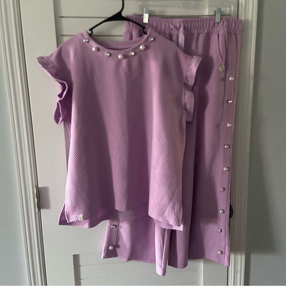 Simply Southern Tops - Simply Southern Quilted Lilac Purple Ruffle Blouse and Sweatpant Jewel Outfit XL